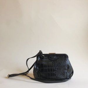 Vintage black leather croc-patterned crossbody bag